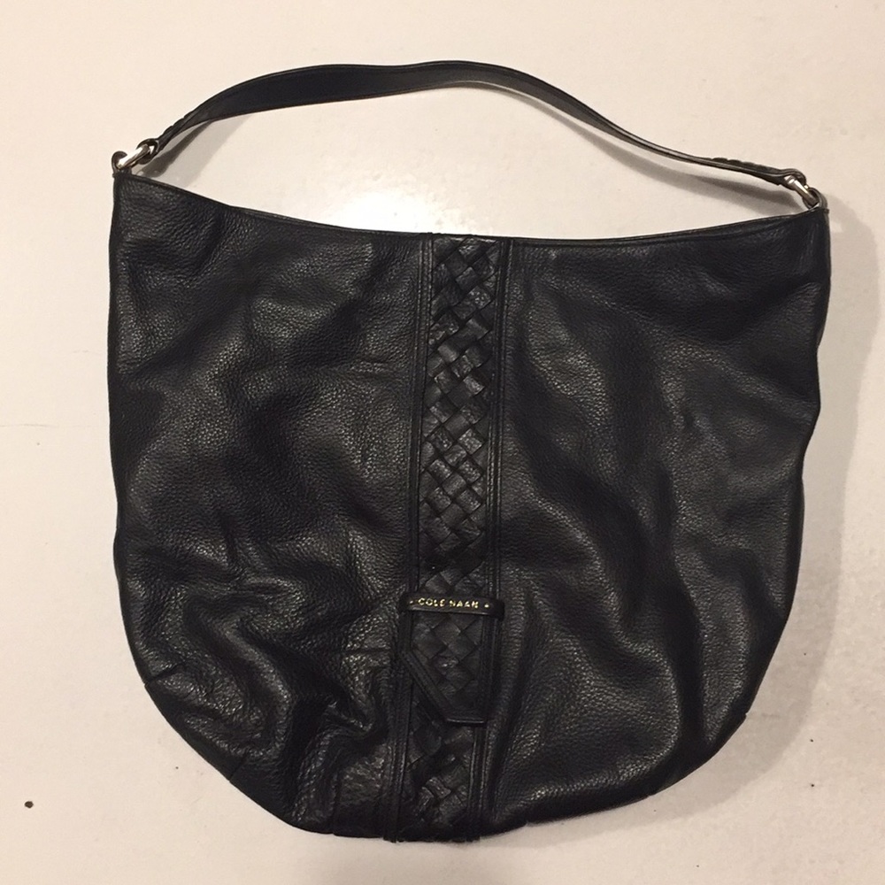Black Leather Cole Haan Hobo Bag with Woven Detail